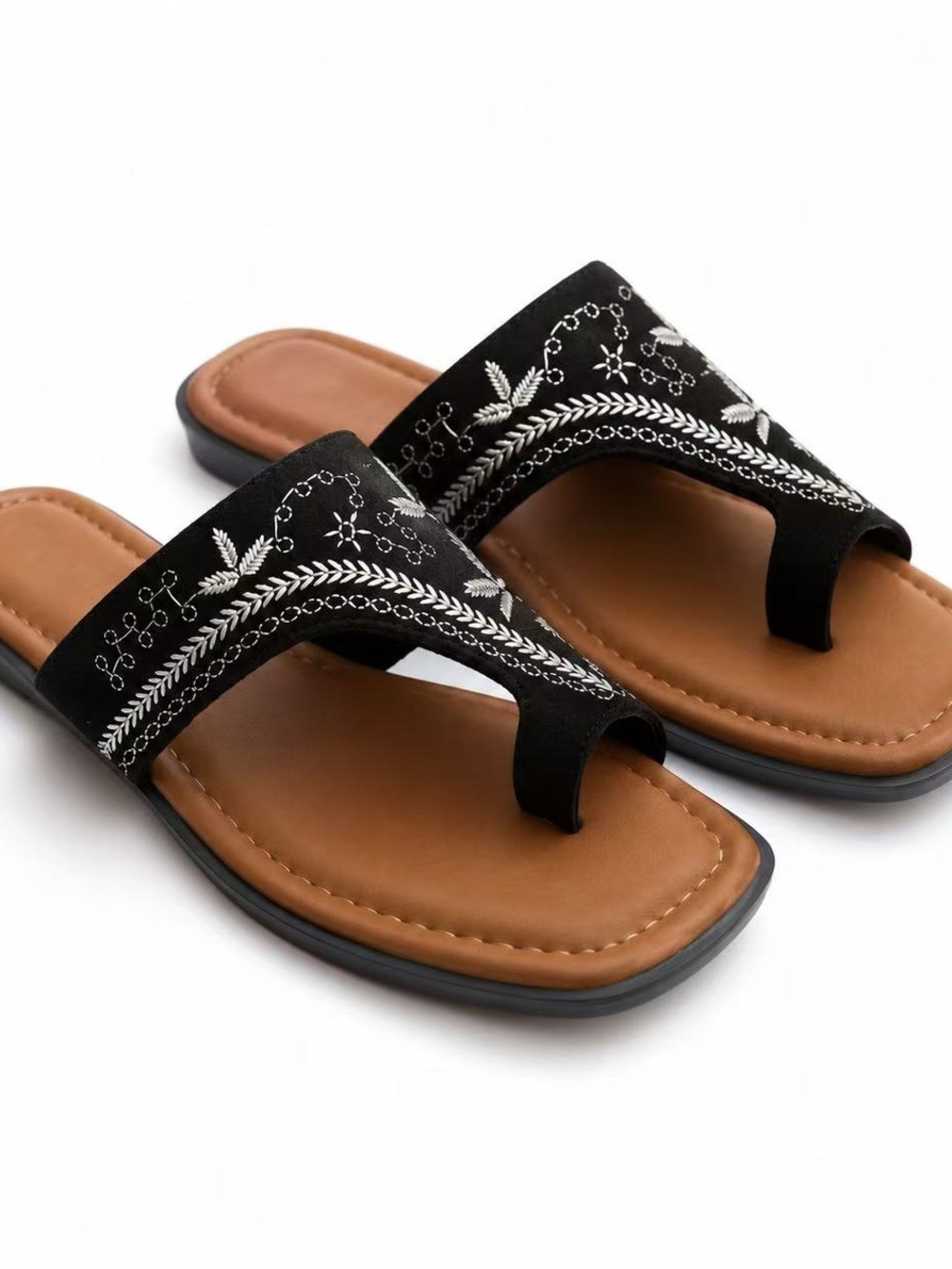G.N.D. Black Embroidered Toe-Loop Slide Sandal